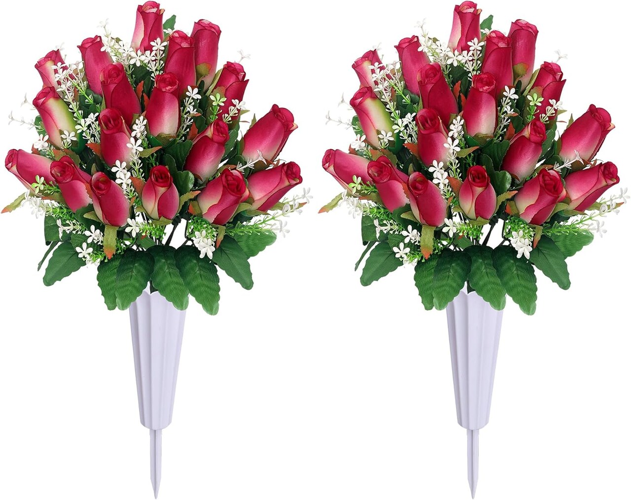 Christmas Artificial Cemetery Flowers for Grave – Rose Pink Memorial Bouquet with Vase for Headstone and Tombstone Decorations